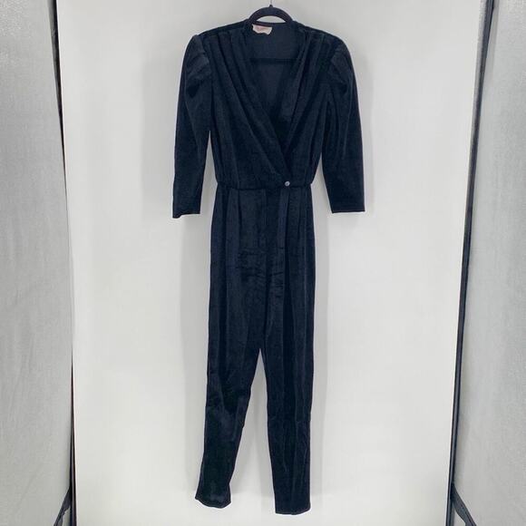 Vintage Scarlet black velvet pockets jumpsuit Christmas new year date night chic - Picture 1 of 12